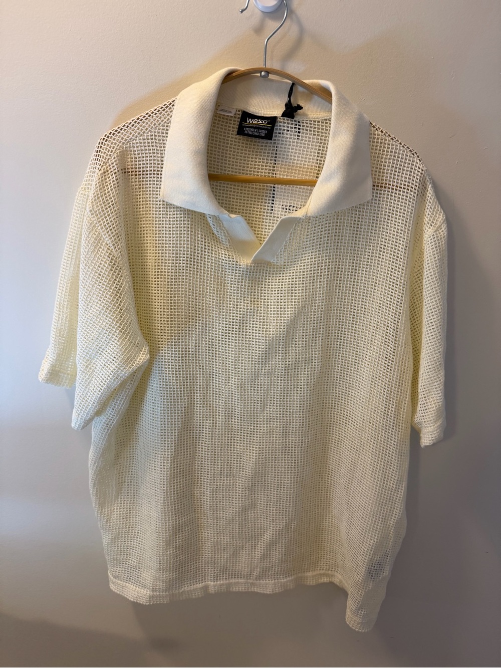 WeSC Johnny Collar Mesh Polo Shirt Unisex S/M NWT White Open Knit